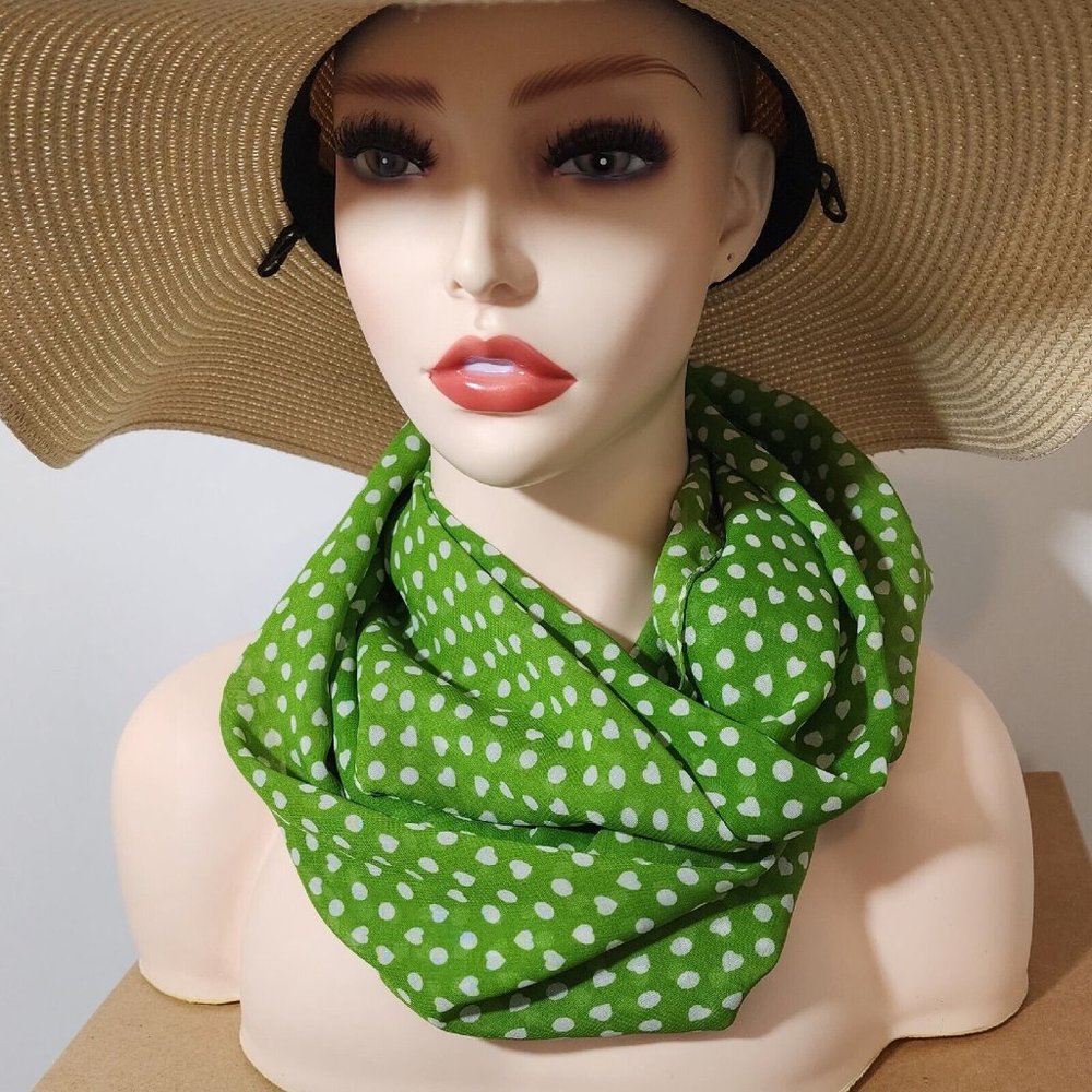 Silky Green White Polka Dot Rectangular Scarf 66x20” Dots and Hearts